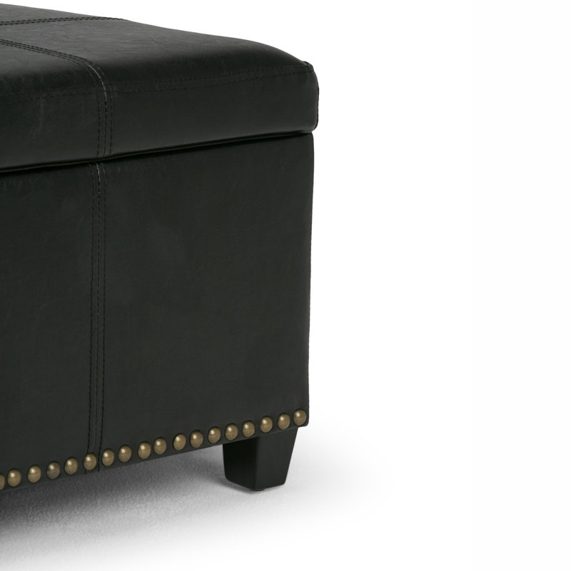 Midnight Black Bonded Leather Large Rectangular Storage Ottoman Bench