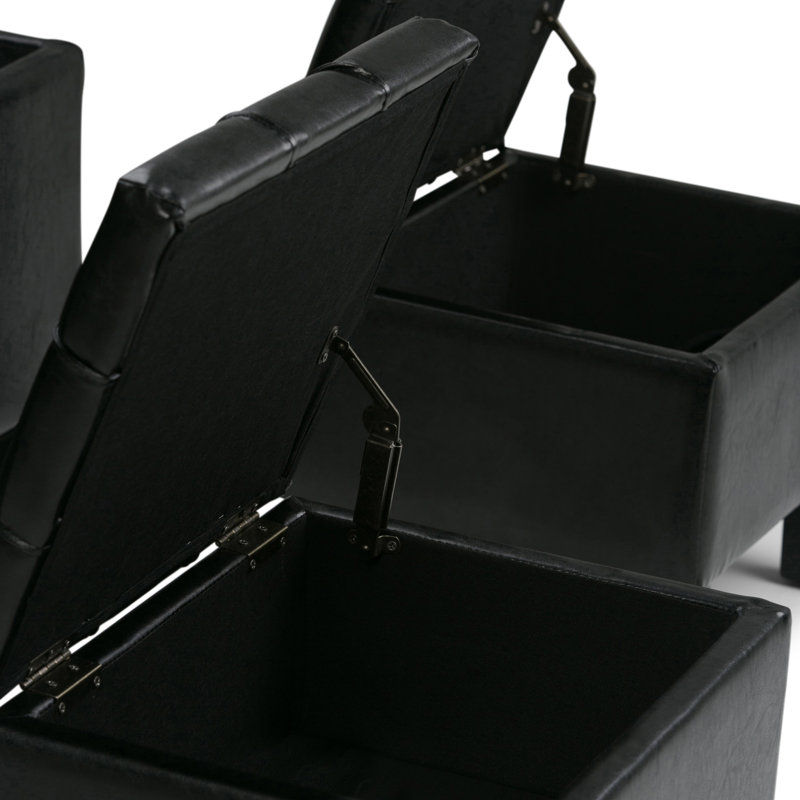 Dover Midnight Black Faux Leather 3-Piece Storage Ottoman Set