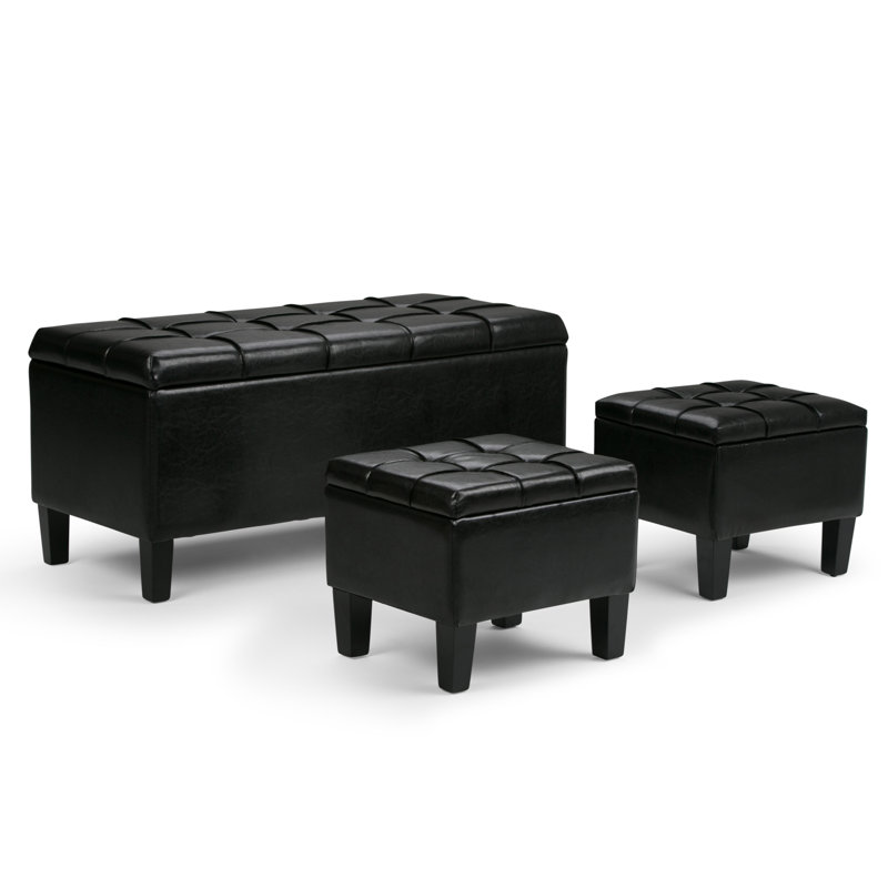 Dover Midnight Black Faux Leather 3-Piece Storage Ottoman Set