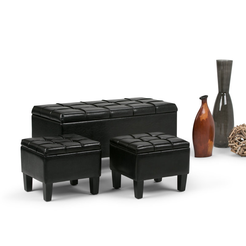 Dover Midnight Black Faux Leather 3-Piece Storage Ottoman Set
