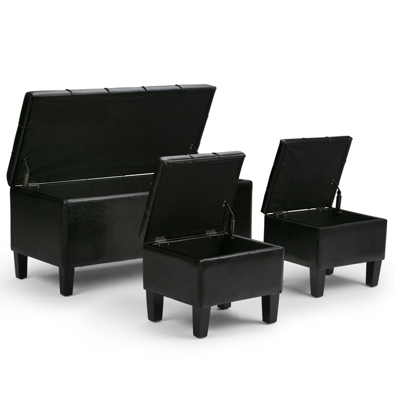 Dover Midnight Black Faux Leather 3-Piece Storage Ottoman Set