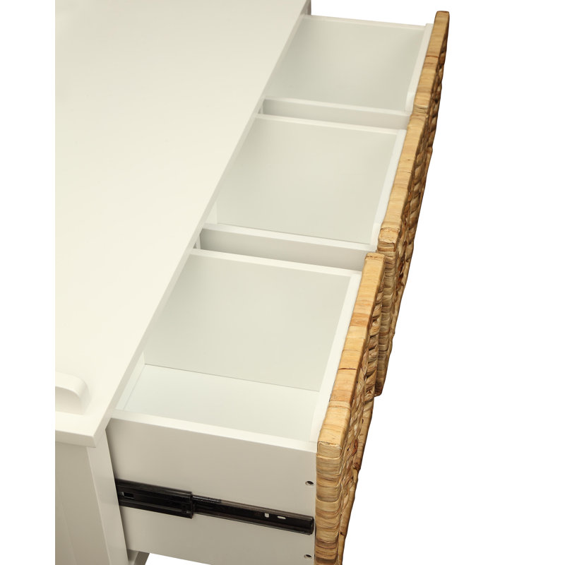 White Wood and Rattan Storage Bench with Drawers