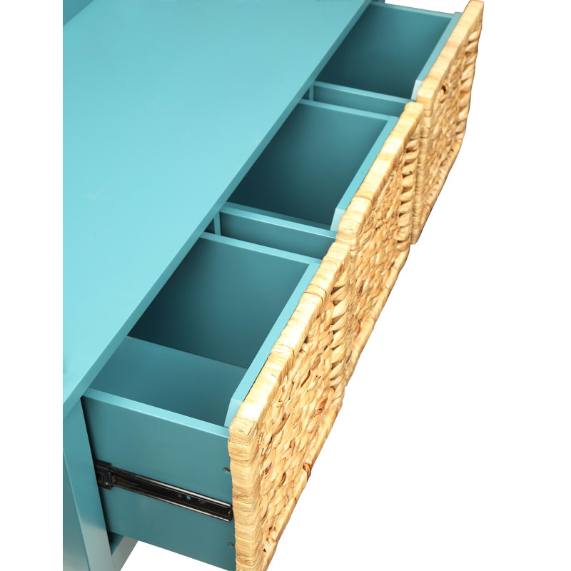 Teal Wood Storage Bench with Rattan Baskets