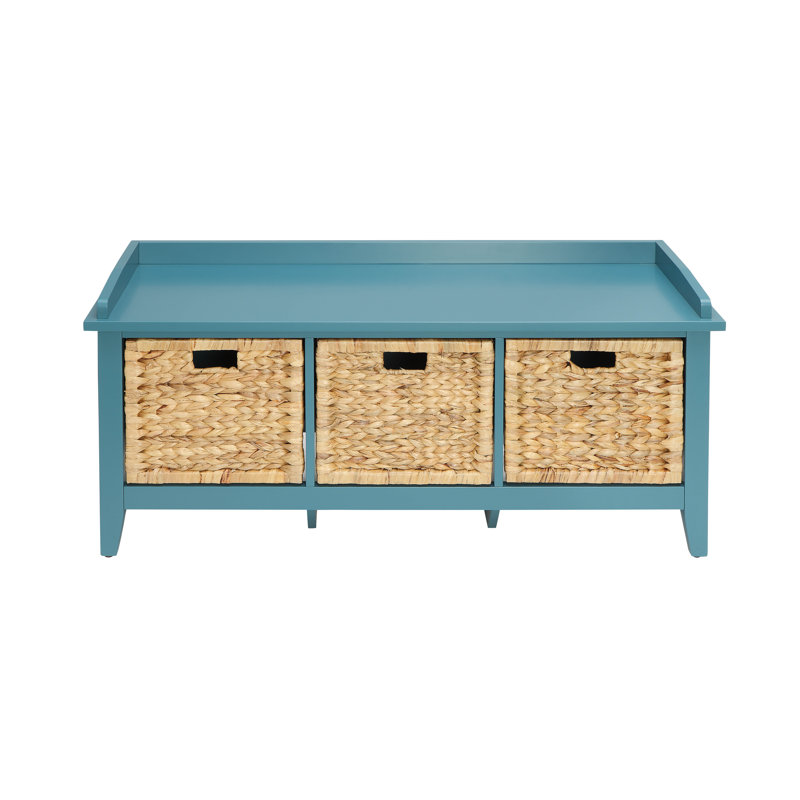 Teal Wood Storage Bench with Rattan Baskets