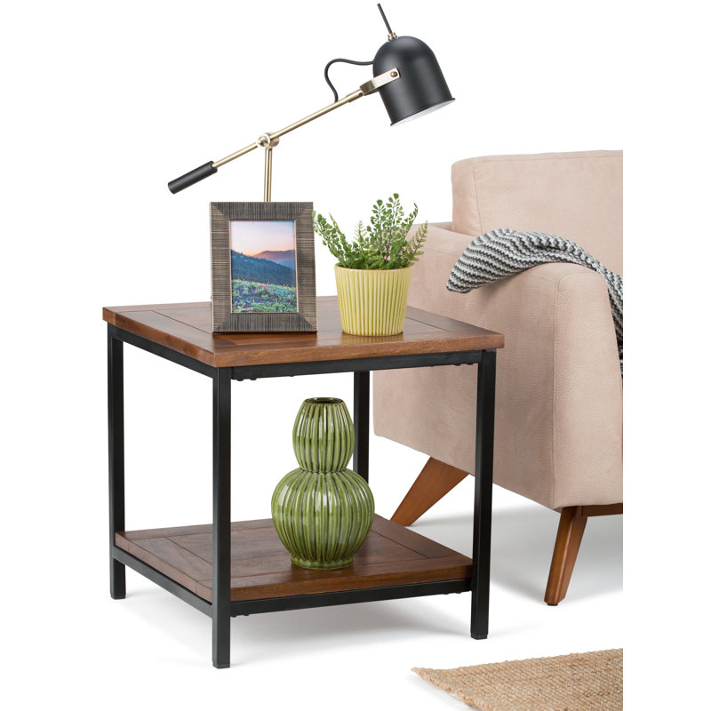 Skyler 22" Square Industrial End Table with Shelf in Dark Cognac Brown