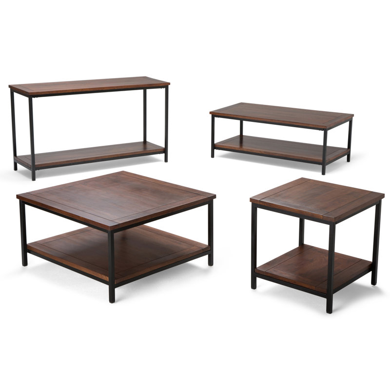 Skyler 54'' Industrial Dark Cognac Brown Solid Mango Wood & Metal Console Table with Shelf