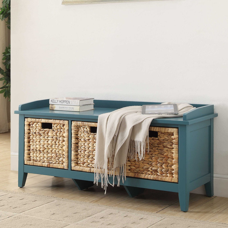 Teal Wood Storage Bench with Rattan Baskets