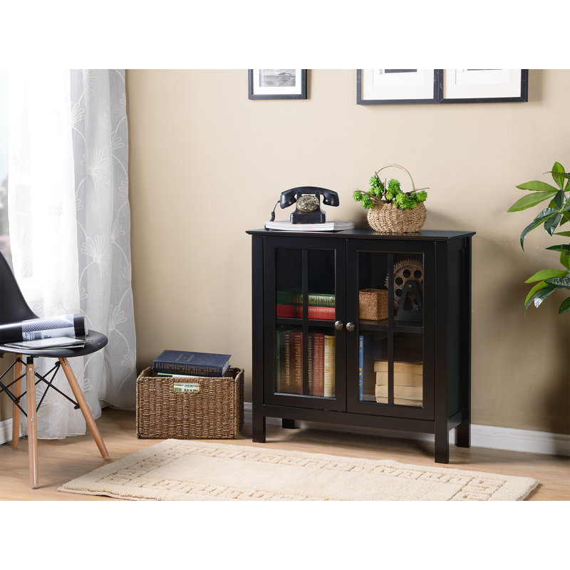 Transitional Black MDF Vertical Curio Cabinet with Tempered Glass Doors