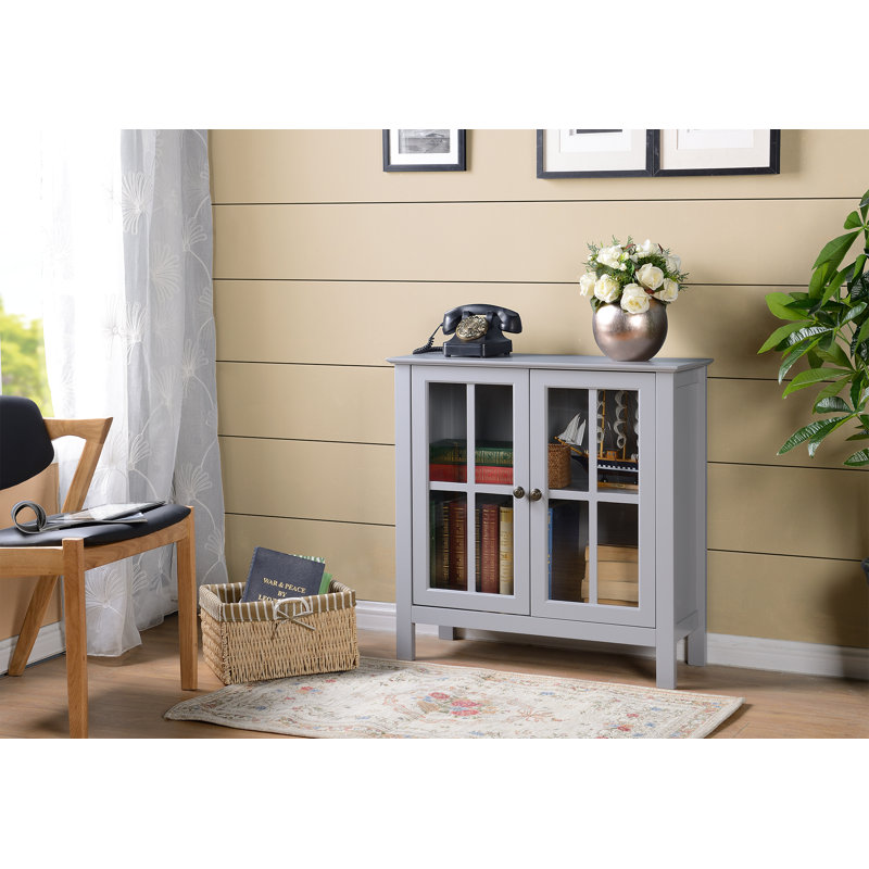 Elegant Dark Gray Glass Door Display Cabinet with Antique Brass Accents
