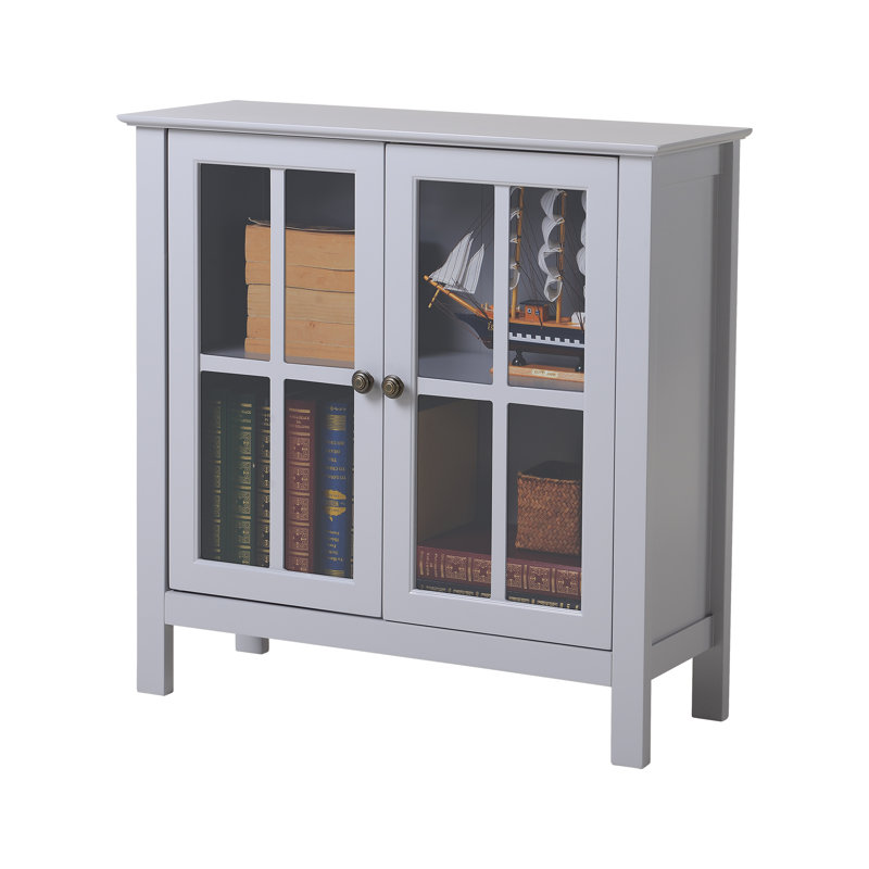 Elegant Dark Gray Glass Door Display Cabinet with Antique Brass Accents