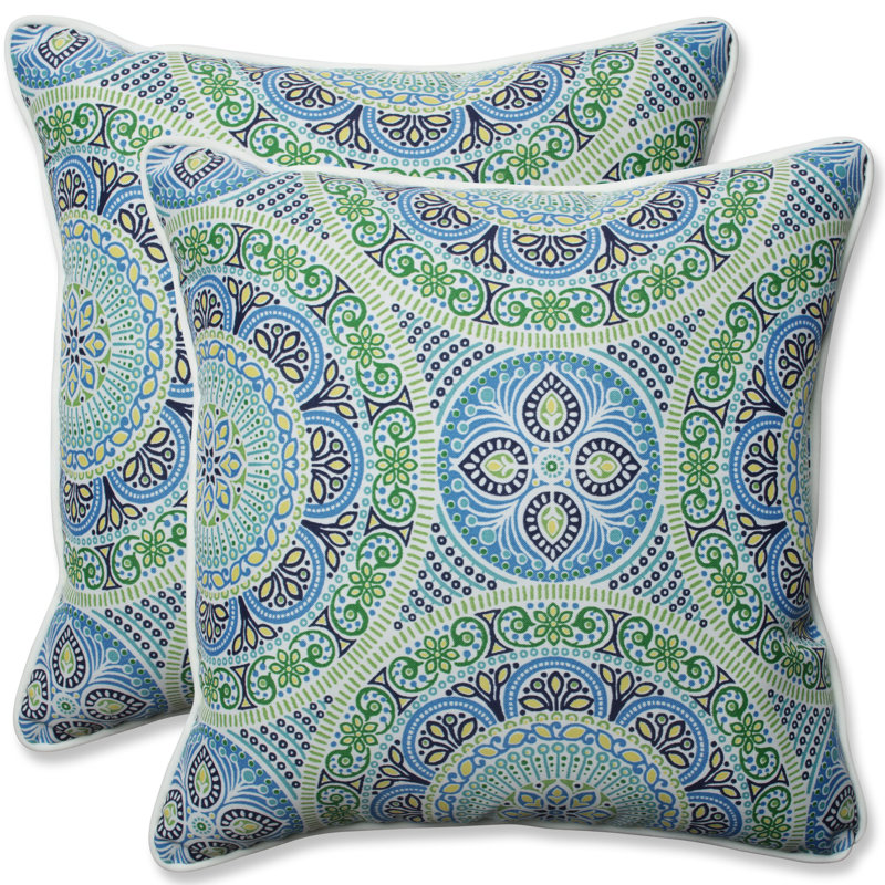Blue and Green Geometric Outdoor/Indoor Square Throw Pillow Set
