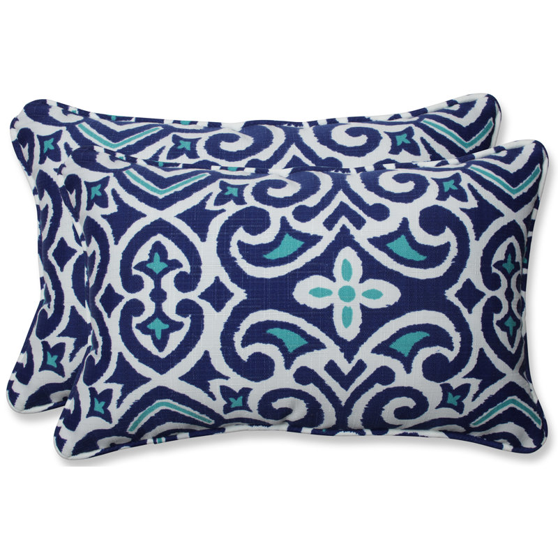 Blue and White Damask Rectangular Outdoor Throw Pillows, Set of 2