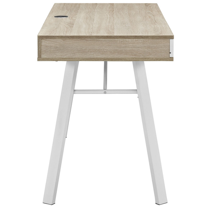 White and Oak Trestle Base Writing Desk with Drawer