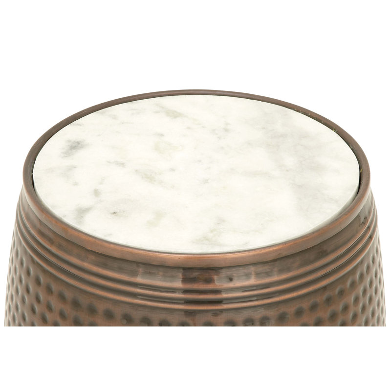 Copper Hammered Barrel Side Table with White Marble Top - 16"x19"