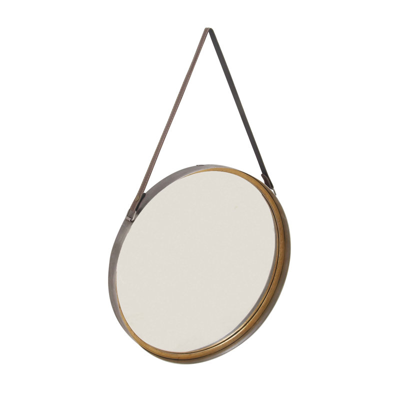 Contemporary Round Gold Metal Mirror with Leather Hang Strap