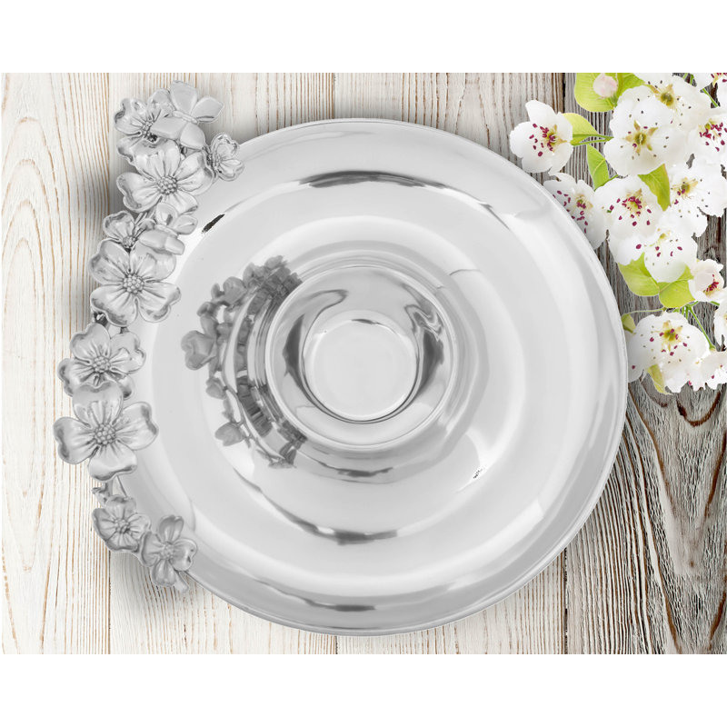 Elegant Silver Floral Aluminum Chip and Dip Platter
