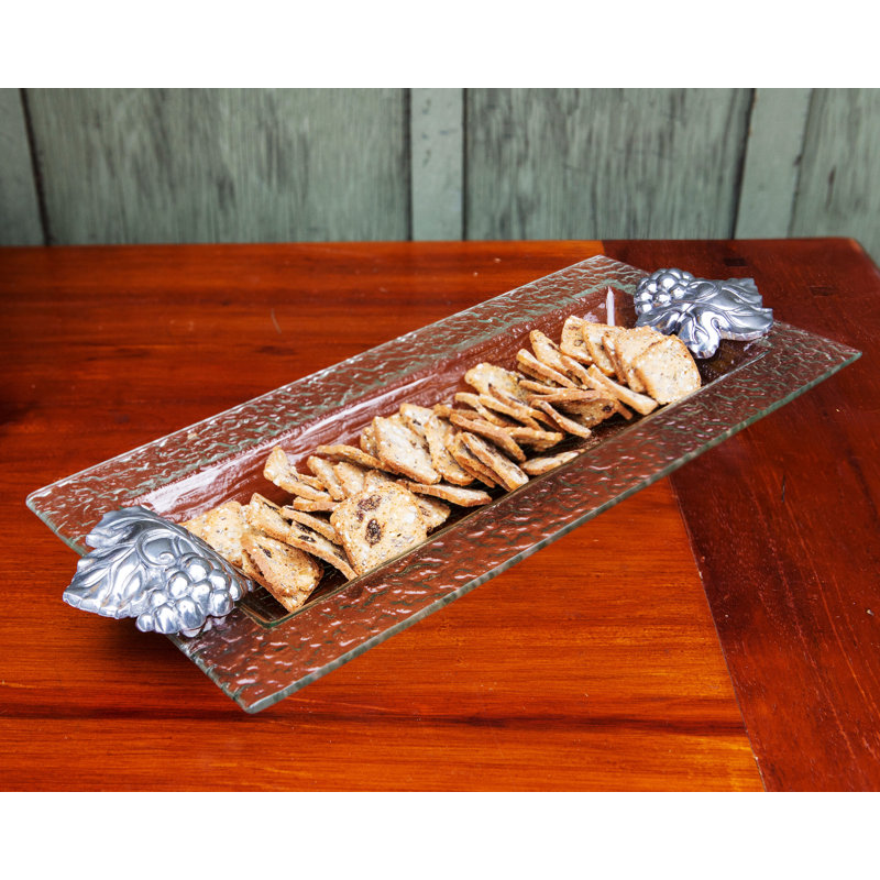 Clear Glass Oblong Tray with Grape Design Metal Handles