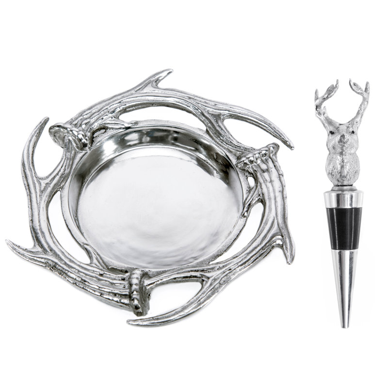 Arthur Court Aluminum Antler Wine Coaster and Stopper Set