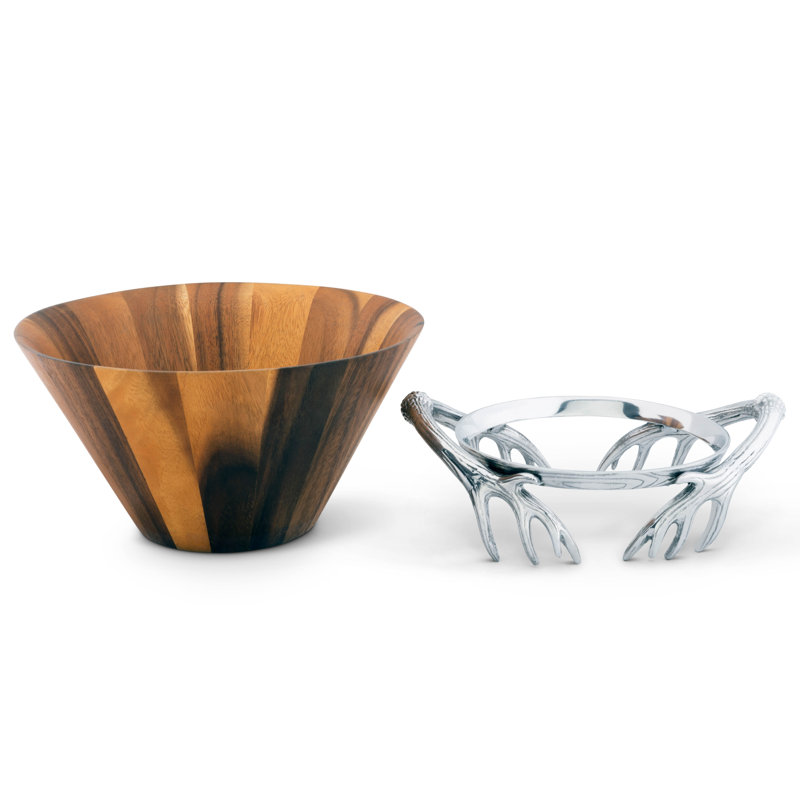 Rustic Acacia Wood Salad Bowl with Aluminum Antler Stand