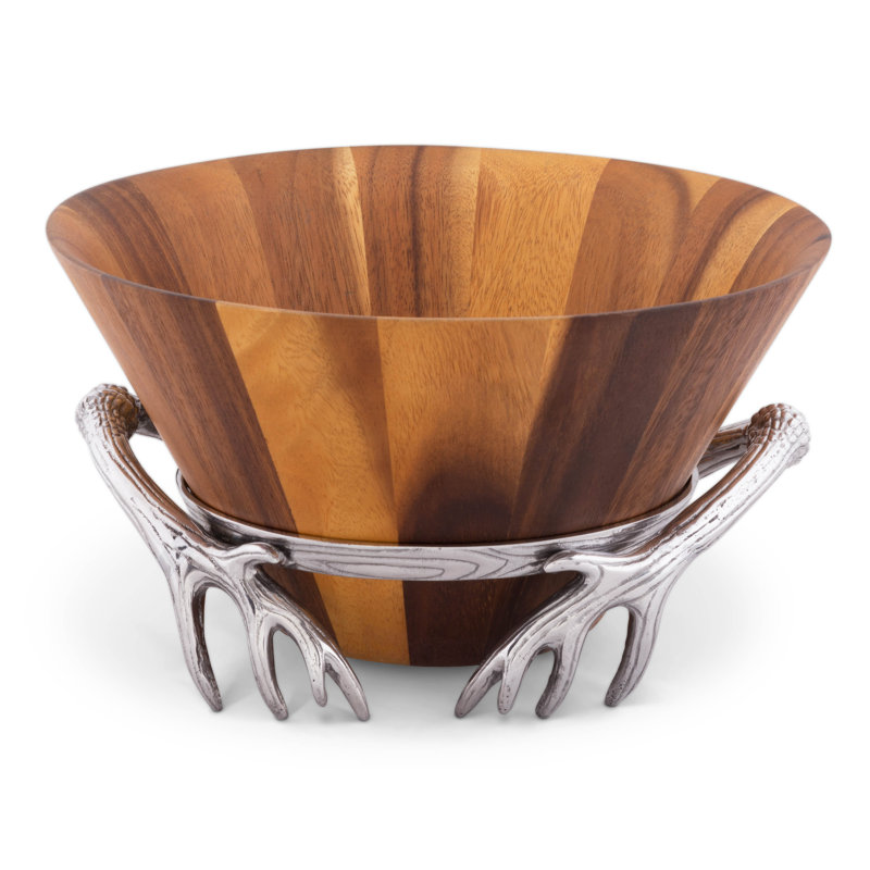 Rustic Acacia Wood Salad Bowl with Aluminum Antler Stand