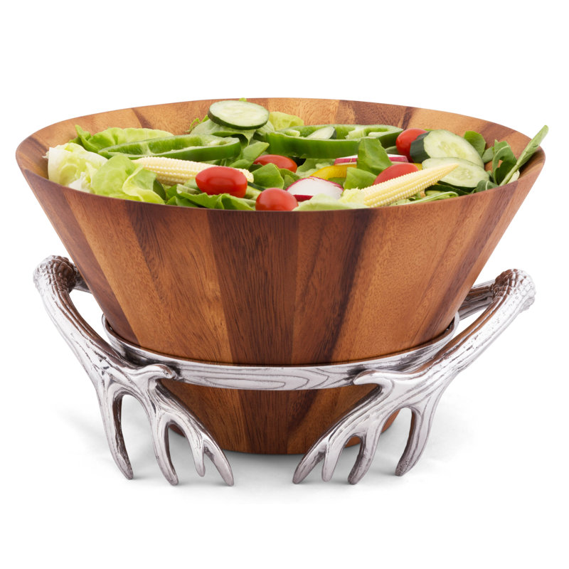 Rustic Acacia Wood Salad Bowl with Aluminum Antler Stand