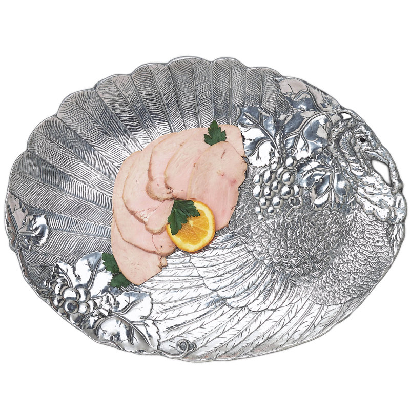 Elegant Silver Aluminum Oval Serving Platter with Turkey Design