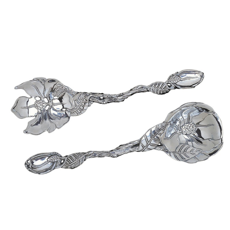 Elegant Silver Aluminum Magnolia Flower Salad Serving Set