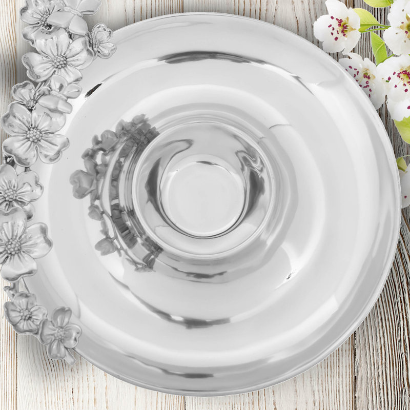 Elegant Silver Floral Aluminum Chip and Dip Platter