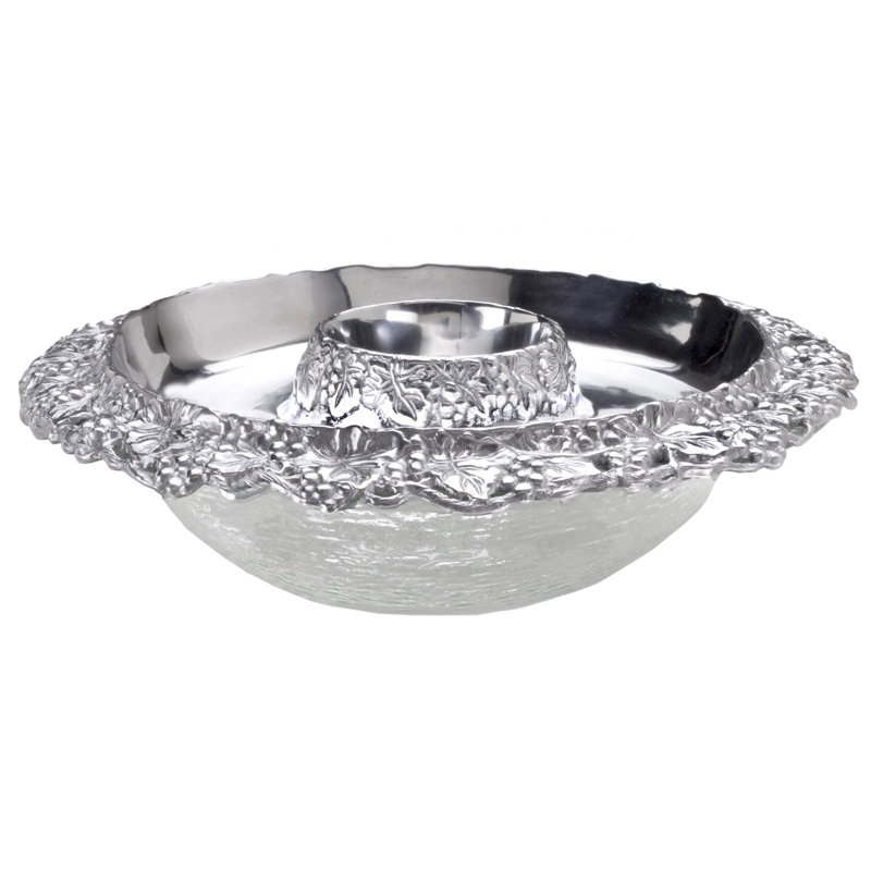 Elegant Grape Motif Aluminum and Glass Serving Bowl
