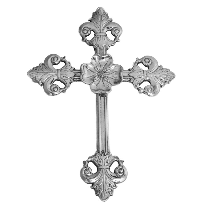 Handmade Silver Aluminum Fleur-de-lis Cross Wall Decor, 12''