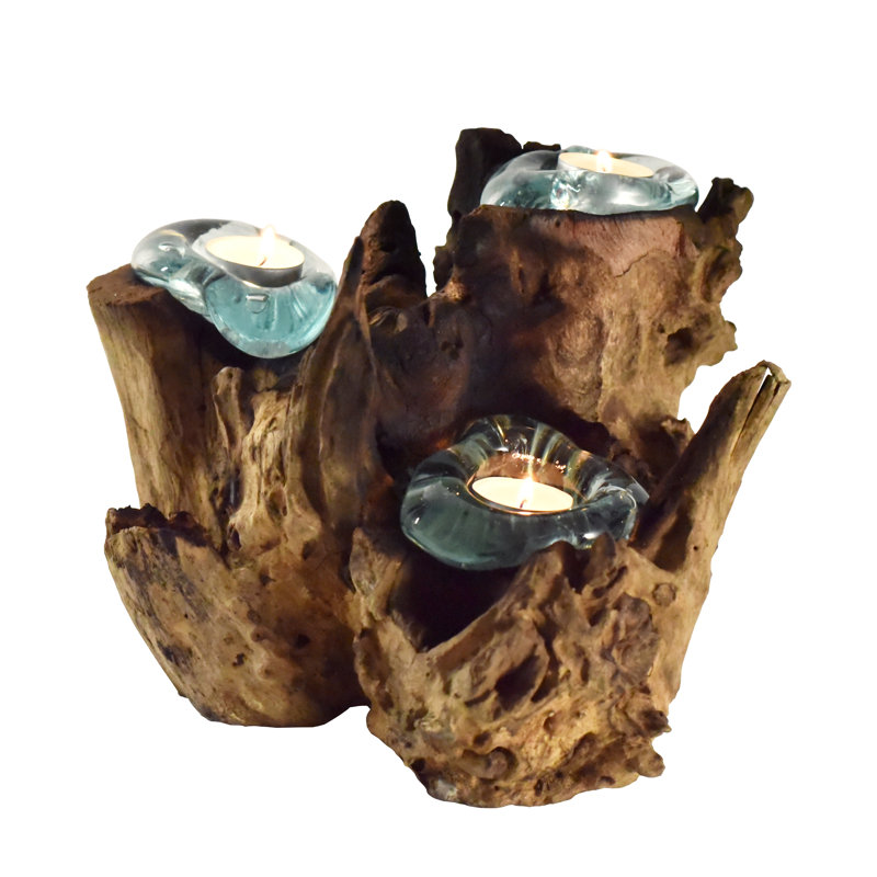 Rustic Love-Themed Triple Tealight Holder with Hand-Pressed Glass