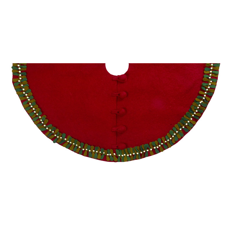 Handmade Red Felt Christmas Tree Skirt with Mistletoe Border