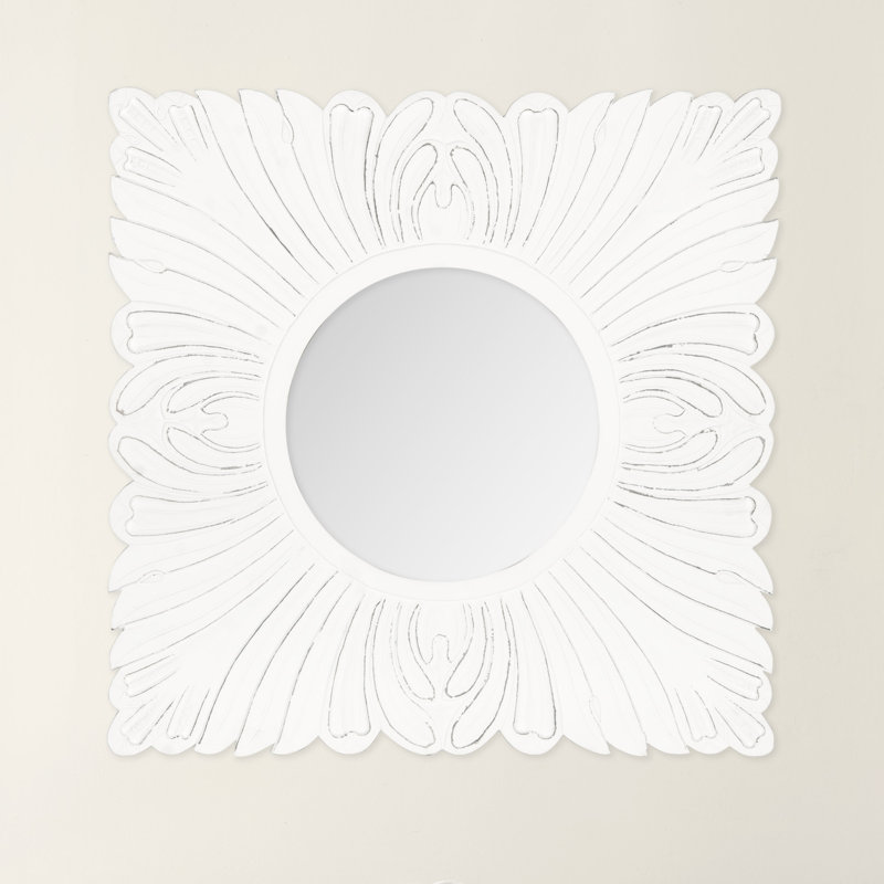 Renaissance Inspired 28" Square White Carved Wood Wall Mirror