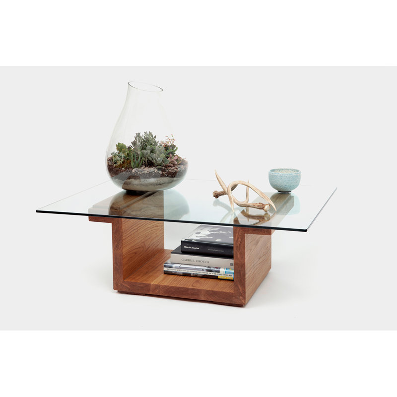 White Oak Rectangular Glass Top Coffee Table with Storage