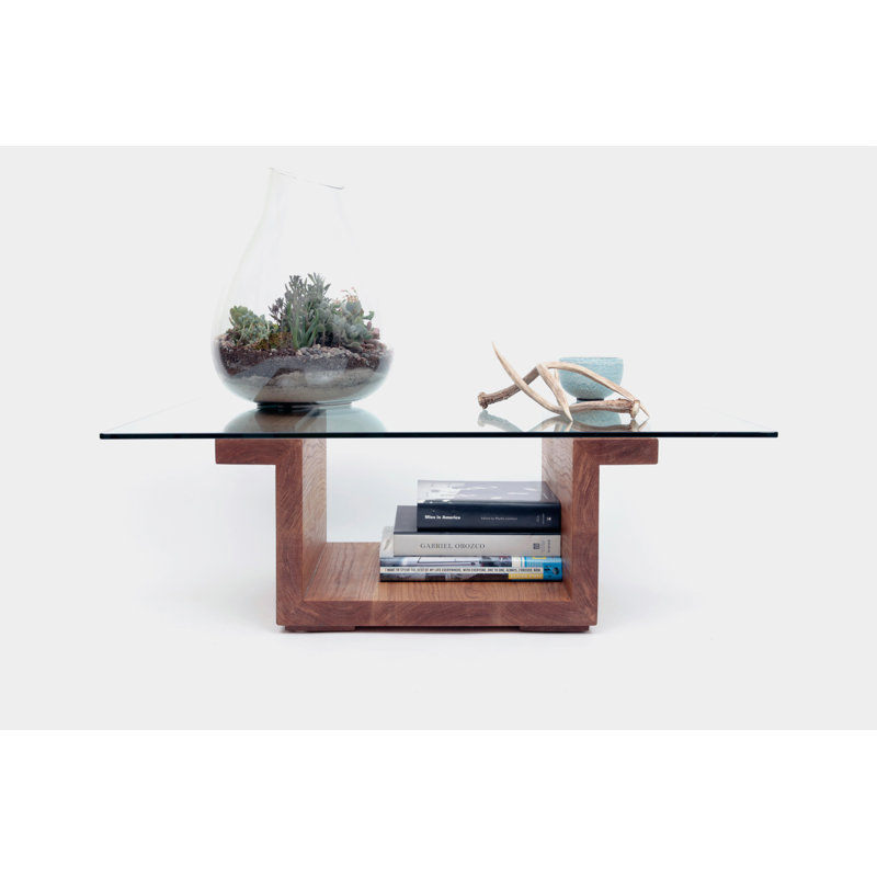 White Oak Rectangular Glass Top Coffee Table with Storage