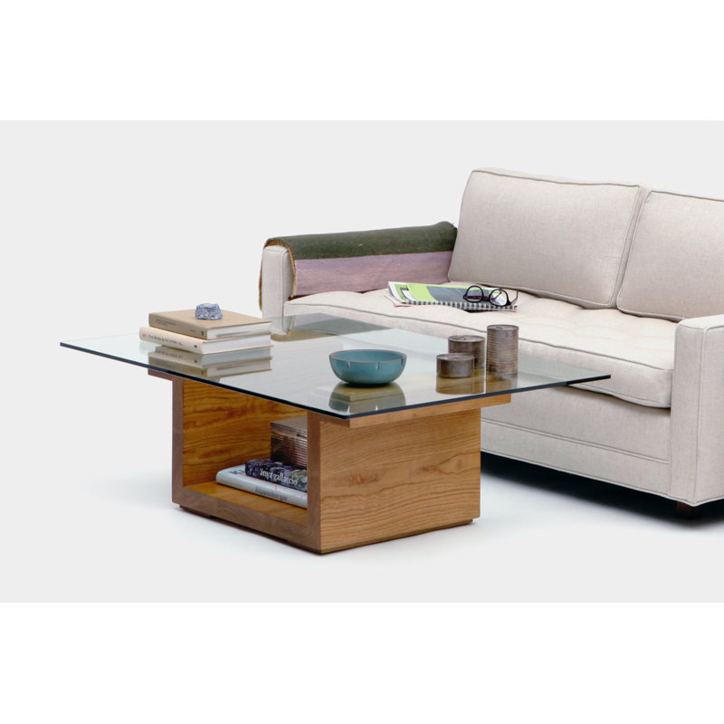 White Oak Rectangular Glass Top Coffee Table with Storage