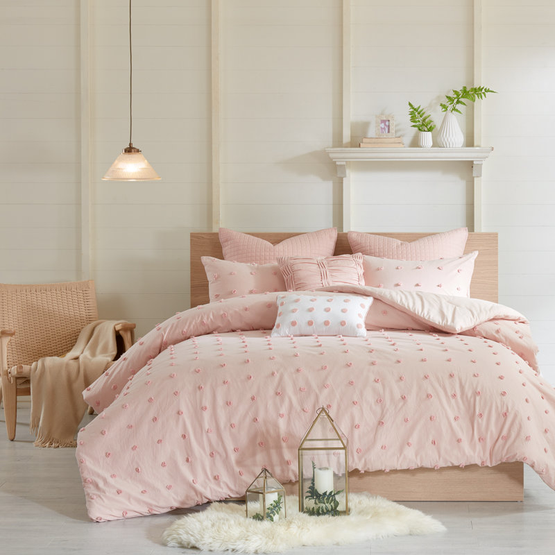 Ivory Cotton Jacquard King Comforter Set with Pom Pom Pillows