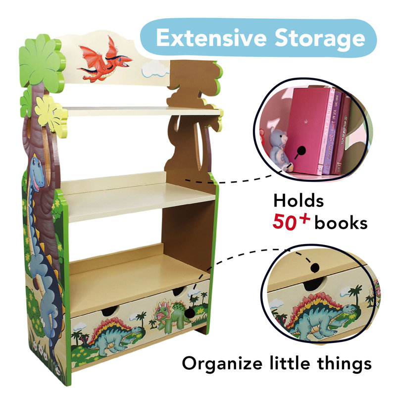 Dinosaur Kingdom Whimsical Kids' Wooden Bookshelf with Drawer