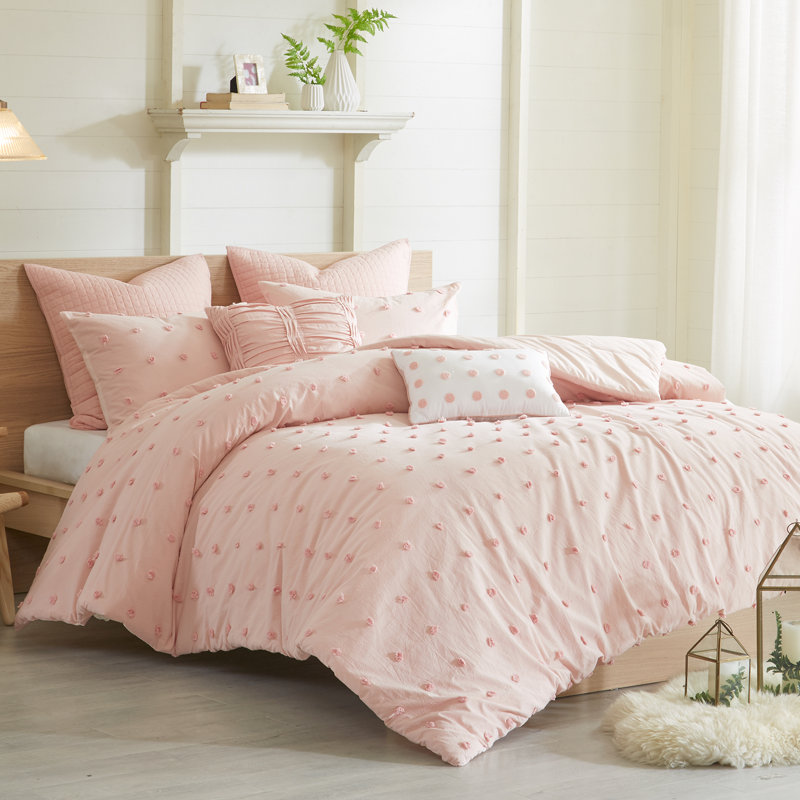 Ivory Cotton Jacquard King Comforter Set with Pom Pom Pillows