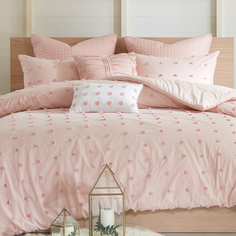 Ivory Cotton Jacquard King Comforter Set with Pom Pom Pillows