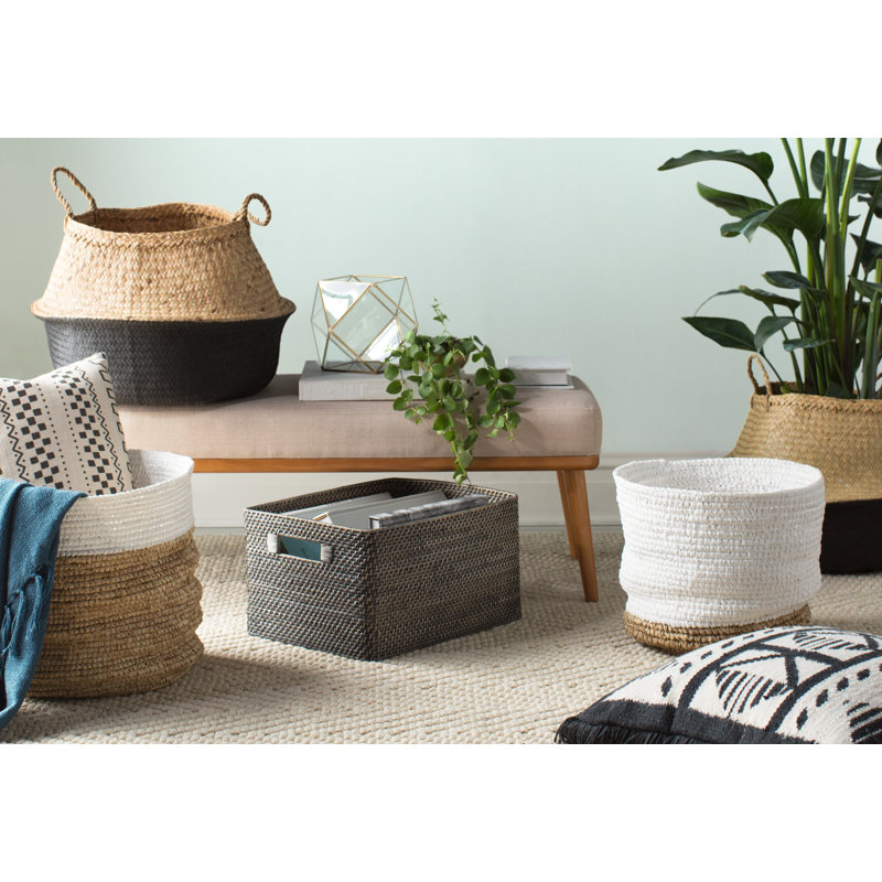 Eco-Friendly Seagrass Round Storage Basket 19" Natural & Black