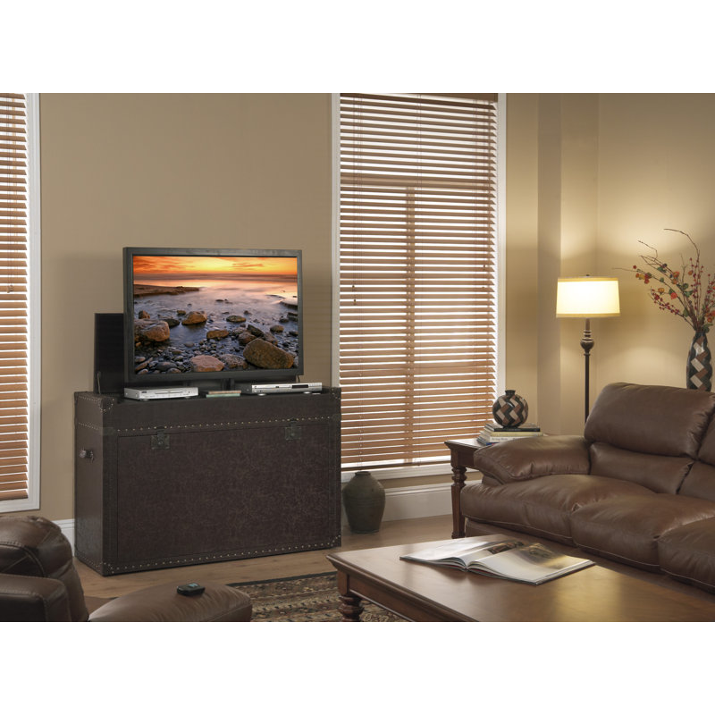 Elevate Rustic 46" Leather-Wrapped Motorized TV Lift Cabinet with Hand-Hammered Details
