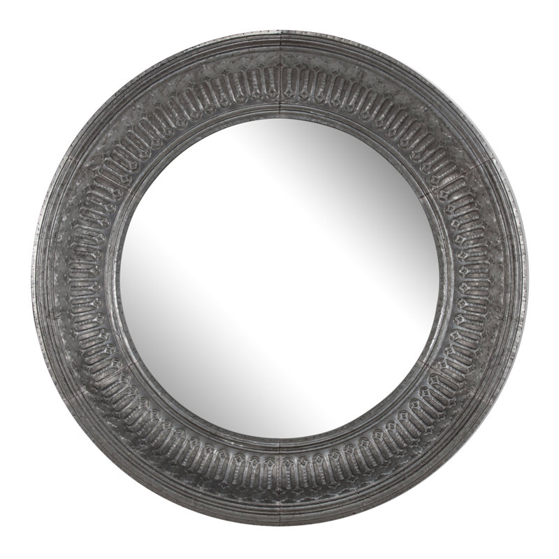 Antique Gray 46" Round Wall Mirror with Embossed Metal Frame