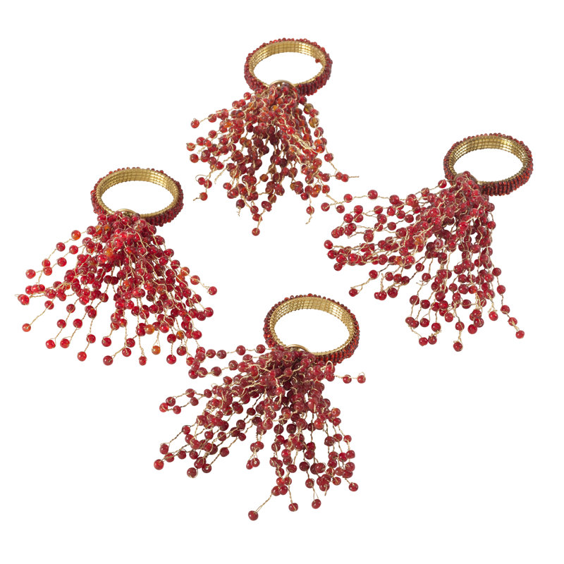 Red Beaded Burst Design Napkin Ring Set of 4