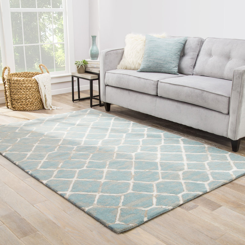 Handmade Tufted Blue and Cream Wool Area Rug