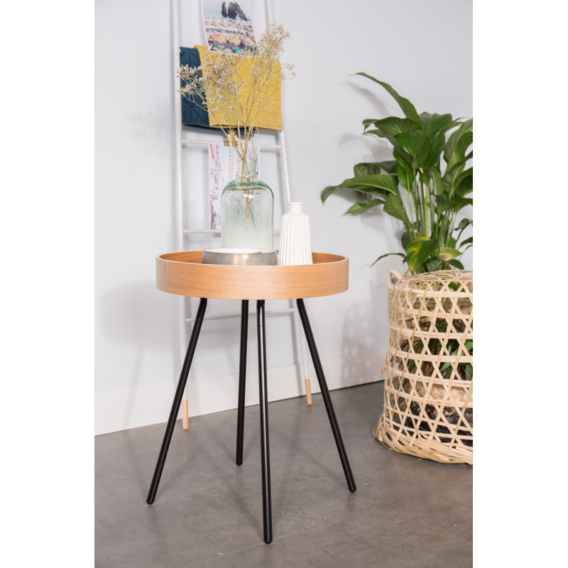 Round Brown MDF Tray Top End Table with Black Metal Legs