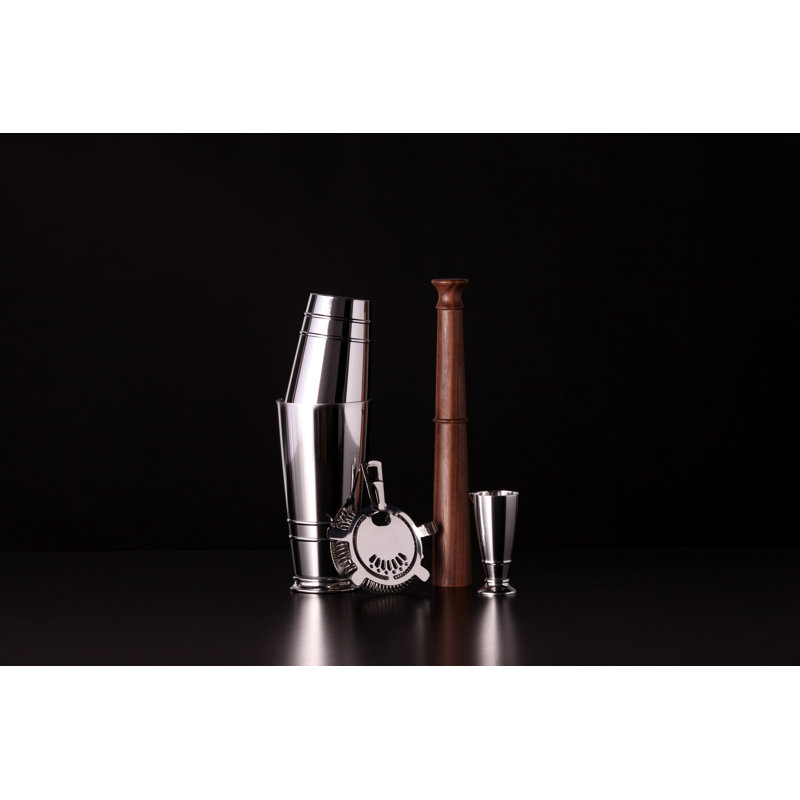 Silver and Walnut 4-Piece Bar Tool Set with Strainer and Jigger