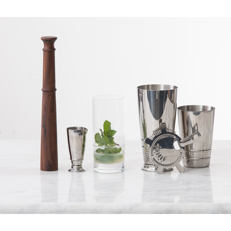 Silver and Walnut 4-Piece Bar Tool Set with Strainer and Jigger