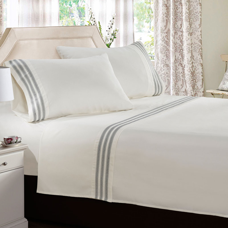Ivory Embroidered Microfiber Full Bed Sheet Set