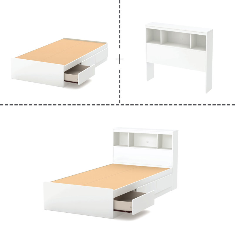White Twin Platform Bed with Storage and Bookcase Headboard